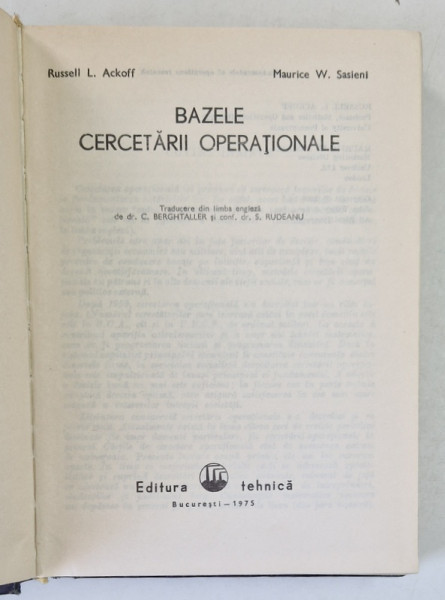 BAZELE CERCETARII OPERATIONALE de RUSSELL L. ACKOFF si MAURICE W.SASIENI , 1975