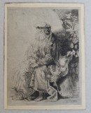 Rembrandt &quot;Abraham mangaindu-l pe Isaac&quot; gravura veche, Religie, Cerneala, Altul