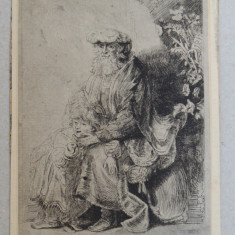 Rembrandt "Abraham mangaindu-l pe Isaac" gravura veche