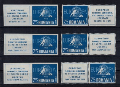 ROMANIA EXIL 1960 EMISIUNEA 22 SERIE DANTELATA + NDT CU VIGNETA IN 3 LIMBI MNH foto