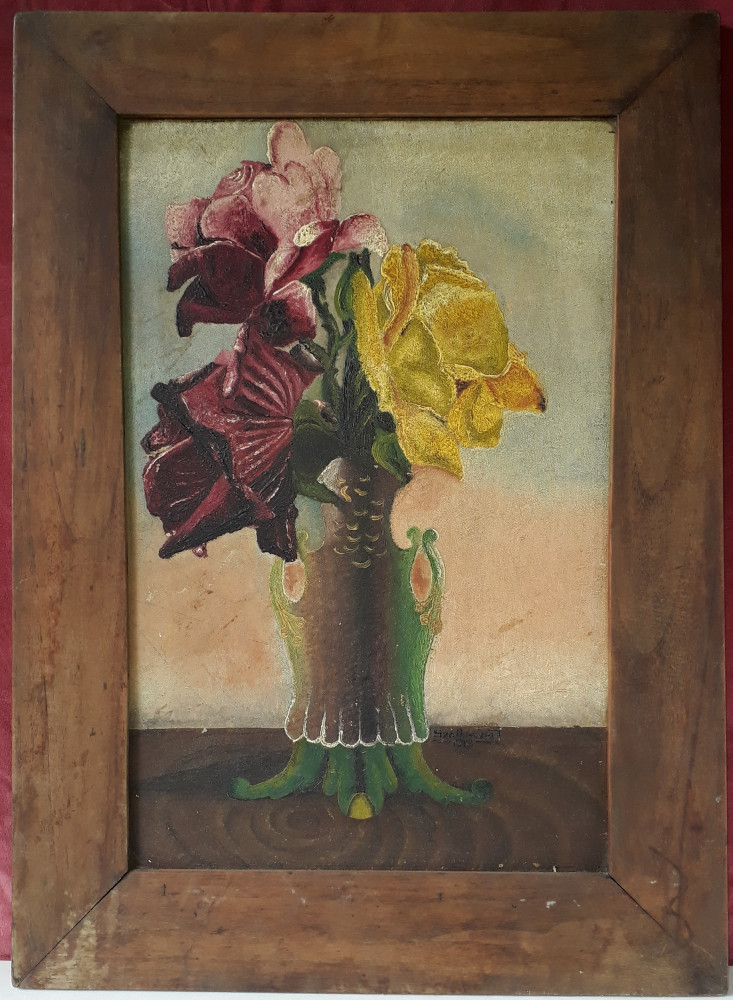 Vaza cu trandafiri, 1918, pictura veche in ulei, Flori, Realism | Okazii.ro
