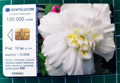 Cartelă telefonică Romtelecom Floral 10 lei 100.000 unități N28AWC exp. 01.10.2008 Bujori albi Flori Plante foto