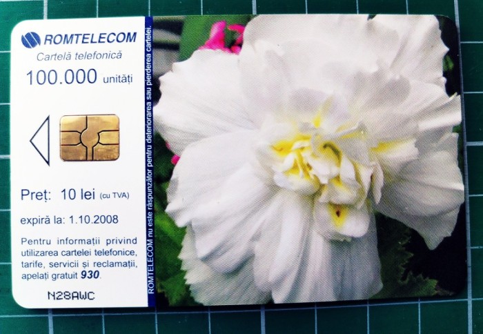 Cartelă telefonică Romtelecom Floral 10 lei 100.000 unități N28AWC exp. 01.10.2008 Bujori albi Flori Plante