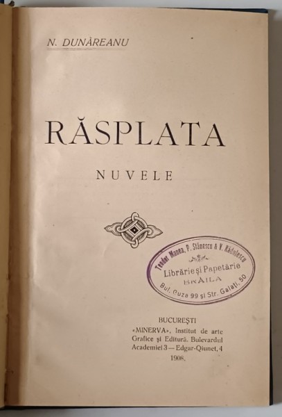 RASPLATA - NUVELE de N. DUNAREANU , 1908