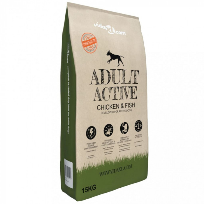 Hrană c&acirc;ini uscată Premium, pui &amp; pește adulți activi, 15 kg