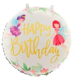 Balon din folie metalizata, flippy, figurina cerc, model happy birthday cu zane, tematica aniversare, 45 cm, ambalaj individual, pai inclus, umflare c