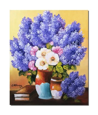 Tablou pictat manual, Aranjament floral cu liliac, 60x50cm ulei pe panza, Constantin Feraru foto