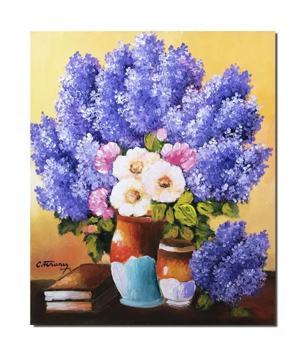 Tablou pictat manual, Aranjament floral cu liliac, 60x50cm ulei pe panza, Constantin Feraru