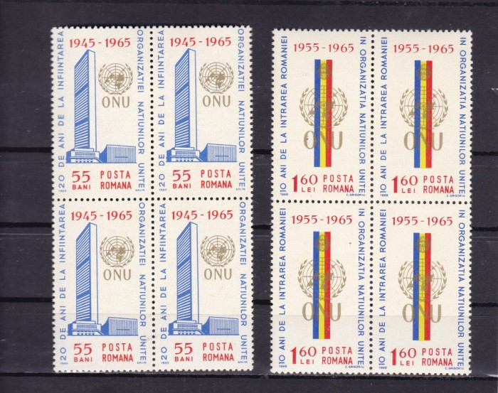 ROMANIA 1965 LP 600 O.N.U. BLOCURI DE 4 TIMBRE MNH