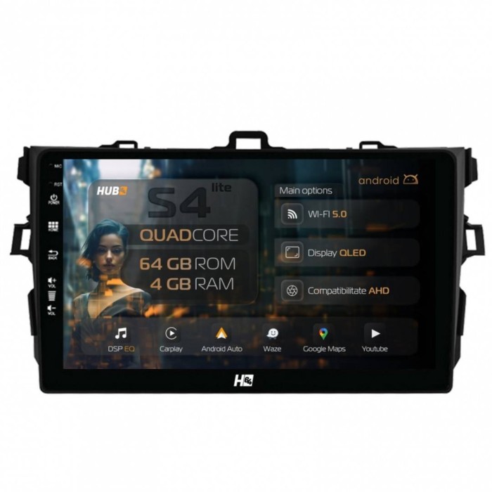 Navigatie Toyota Corolla (2007-2013) 4GB RAM Android 13 Quadcore DSP GPS Wi-FI Carplay Android Auto USB Bluetooth Waze Touchscreen 9 inch