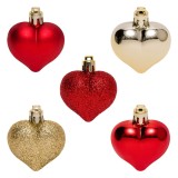 Set Ornamente Crăciun, Inimi, 9 Bucăți, Plastic, Roșu/Auriu/Bej, 5 cm