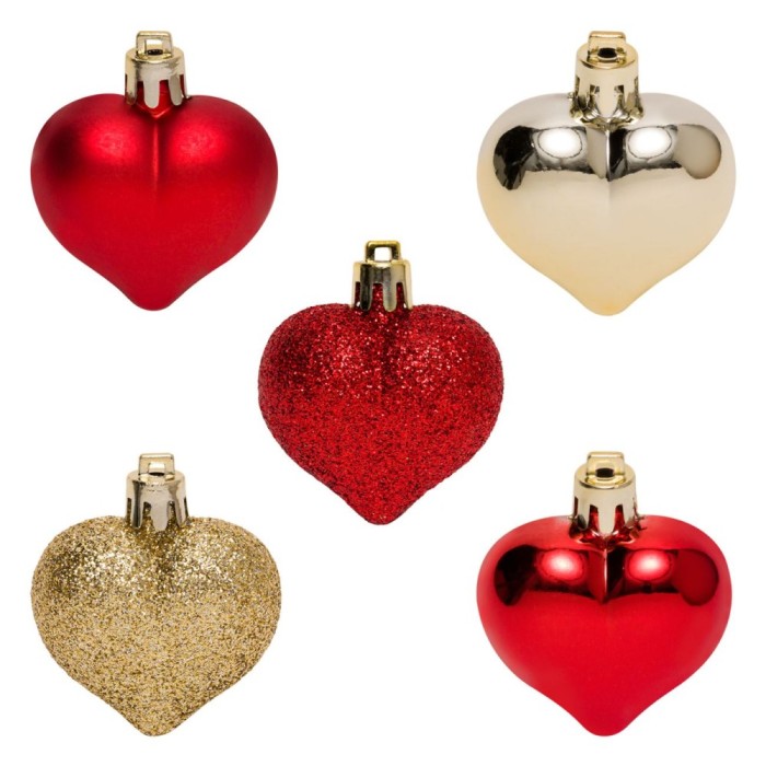 Set Ornamente Crăciun, Inimi, 9 Bucăți, Plastic, Roșu/Auriu/Bej, 5 cm