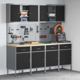 Set dulap lucru &amp; panou c&acirc;rlige, 10 piese, negru, MDF &amp; metal