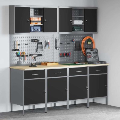 Set dulap lucru &amp;amp; panou c&amp;acirc;rlige, 10 piese, negru, MDF &amp;amp; metal foto
