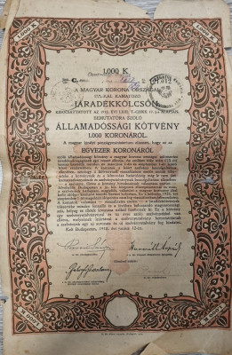 UNGARIA DATORIA PUBLICA 1000 KORONA COROANE JARADEKKOLCSON 1918 Stampila DF Arad foto