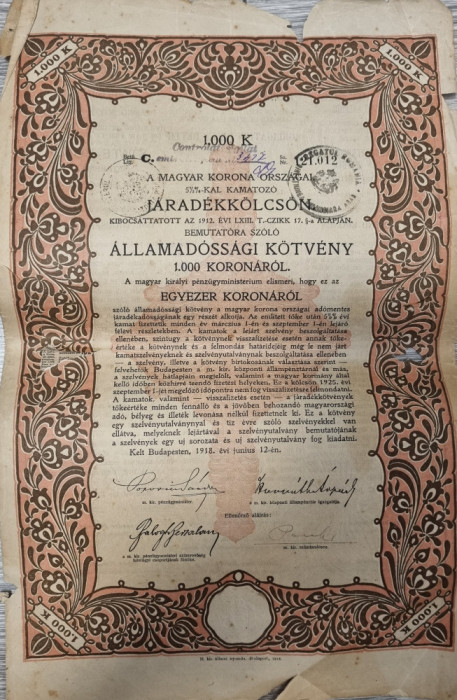 UNGARIA DATORIA PUBLICA 1000 KORONA COROANE JARADEKKOLCSON 1918 Stampila DF Arad