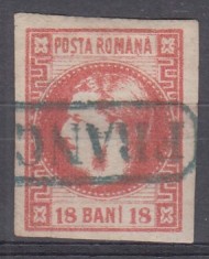 ROMANIA 1868 LP 24 REGELE CAROL I CU FAVORITI 18 BANI ROSU STAMPILAT FRANCO