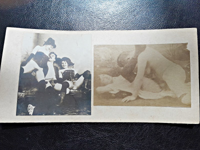 2 fotografii vechi, cca 1900, cu tema erotica, lipite pe carton foto