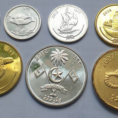 Set 7 monede 1,5,10,25,50 Laari ,1,2 Rufiyaa 2007-2012 Maldives , unc-Aunc