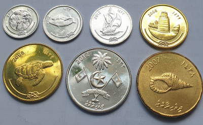 Set 7 monede 1,5,10,25,50 Laari ,1,2 Rufiyaa 2007-2012 Maldives , unc-Aunc foto