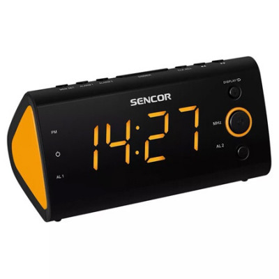 Radio cu ceas Sencor, ecran LED 1.2 inch, Radio FM, alarma dubla, afisaj cu dimmer, temperatura, 230 V, Negru/Portocaliu foto