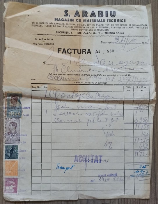 Factura S. Arabiu, Magazin cu Materiale Technice, Bucuresti 1942