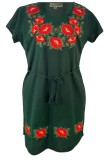 Rochie Dama Casual Bumbac, Verde/Rosu, Marime S, Lungime Midi