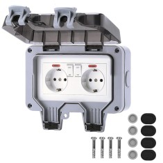 Priza dubla, impermeabila IP66, cu capac de protectie, accesorii instalare, 110 x 81 x 168 mm, alb/gri