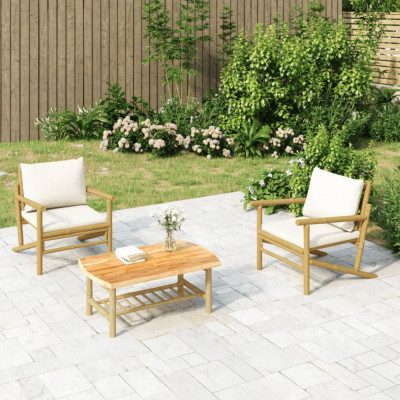 vidaXL Set mobilier de grădină, cu perne alb crem, 3 piese, bambus foto