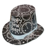 Palarie Tip Lincoln, Flippy, Model Happy New Year cu Ceasuri, Accesoriu Petrecere de Anul Nou, Marime Universala, din Carton, Negru/Argintiu