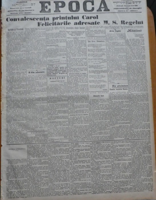 Ziarul Epoca, 26 octombrie 1899 ; Convalescenta printului Carol