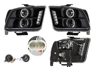 Set faruri tuning FORD MUSTANG, 09.2004-02.2009, Taiwan, partea stanga+dreapta, Tip=USA; tip bec H1+H1; manual; negru, transparent; Omologare: SAE; foto