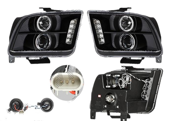 Set faruri tuning FORD MUSTANG, 09.2004-02.2009, Taiwan, partea stanga+dreapta, Tip=USA; tip bec H1+H1; manual; negru, transparent; Omologare: SAE;