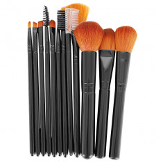 Set 12 pensule machiaj profesional, Carcasa, 15.5 cm, Negru