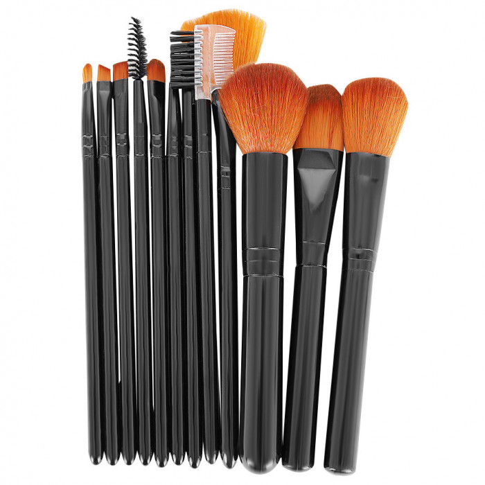 Set 12 pensule machiaj profesional, Carcasa, 15.5 cm, Negru