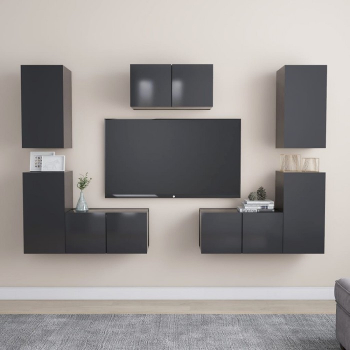 Set dulapuri TV, 7 piese, gri, lemn prelucrat