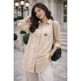 Camasa dama bej tip tunica cu imprimeu minimalist