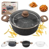 Oala pentru cartofi prajiti, 4 litri, 24 cm, cu cos si capac, neagra, Kinghoff