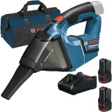 Bosch GAS 12V + 1600A019RD + 1619BZ0100 - Aspirator 45 mbar + Set 2 acumulatori si incarcator Li-Ion 12 V 3 Ah + Geanta textila