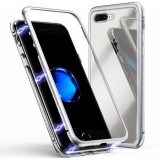 Husa Magnetica 360 iPhone 8 Plus, GloMax, Sticla Securizata, Aluminiu, Argintiu, Protectie Soc/Praf/Zgarieturi
