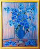 Cumpara ieftin Natura statica cu orhidee albastre, tablou original pictat manual, 54x44 cm cu rama lemn