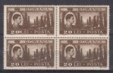 ROMANIA 1947 LP 219 MIHAI VEDERI EROARE LINIE VERTICALA INTRE 20 SI L DIN LEI IN BLOC DE 4 TIMBRE MNH