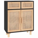 Cumpara ieftin Servanta, negru, 60x30x75 cm, lemn masiv pin si ratan natural