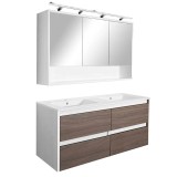 Set mobilier baie Leziter Porto 120 cm, Alb / Stejar, cu lavoar dublu, suspendat, modern, 120x55x46 cm