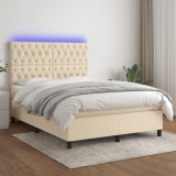 Cumpara ieftin Pat cu arcuri, saltea și LED, crem, 140x190 cm, textil
