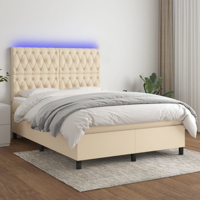 vidaXL Pat cu arcuri, saltea și LED, crem, 140x190 cm, textil 3135114