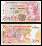 GUERNSEY █ bancnota █ 20 Pounds █ 1996 █ P-58a █ cu număr de serie frumos: B999949 █ UNC █ necirculata