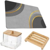 Covoras pentru baie ultra absorbant, anti-alunecare, material Diaton, Model Cercle, 50 x 80 cm cu Sapuniera din lemn natural Bambus, anti-derapanta si