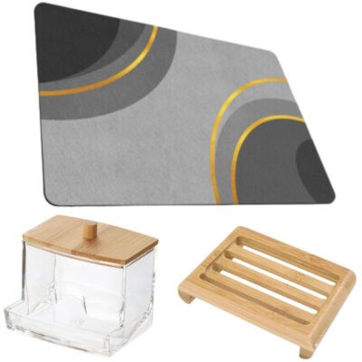 Covoras pentru baie ultra absorbant, anti-alunecare, material Diaton, Model Cercle, 50 x 80 cm cu Sapuniera din lemn natural Bambus, anti-derapanta si foto