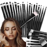Set 20 pensule machiaj profesionale, peri sintetici alb-negru, maner negru lucios